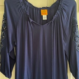Ruby Rd Peasant/Boho Style Gauzy  Navy Blue Top/Blouse Size Small